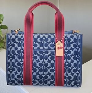 Coach Smith Tote Bag In Signature Denim Blue and Red With Dust Bag